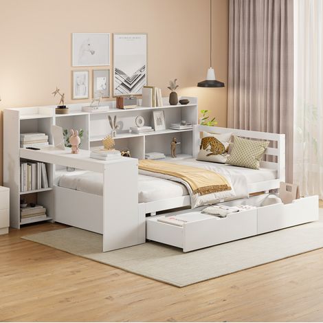 lit adulte rangement bureau etagere 90x200 bois blanc OKMYHOME (1/5)