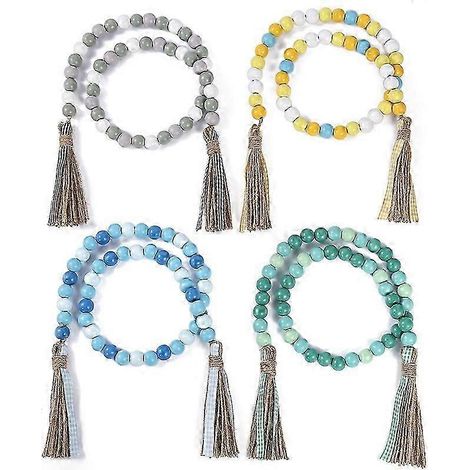 Guirlande de perles en bois (4 pièces) avec pompons, style champêtre, décoration intérieure, plateau à étages, style marin ou côtier (1/5)