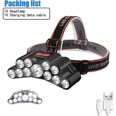 Lampe frontale rechargeable USB (11 LED) à haute luminosité avec 8 LED, 4 modes d'éclairage, étanche IPX4. (1/5)