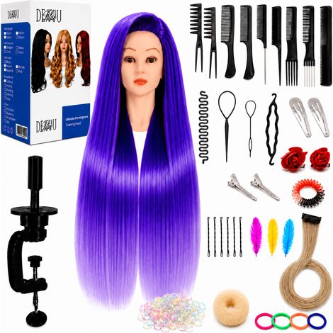 Cabeza de entrenamiento de peluquería femenina para peinar cabello sintético de 70 cm + set de cabello, peine para rellenar moños y recogidos. (1/5)