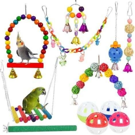 12-teiliges Set mit Papageienspielzeug, Vogelschaukeln, bunten Vogelschaukeln, Brückenleitern, Hängeglöckchen und Vogelkauspielzeug (1/4)