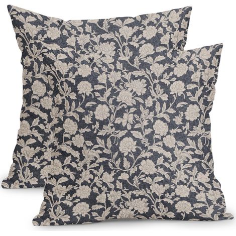 Housses de coussin vintage bleu marine à motif floral, 50 x 50 cm (lot de 2), style rustique et champêtre, motif géométrique neutre. Coussins décoratifs d'extérieur pour canapé. (1/5)