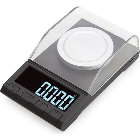 Balanza de precisión de 0,001 g y 50 g con bandeja para joyería, oro, polvo, pantalla LCD y kit de calibración completo. (1/5)
