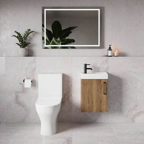 Napoli Cube Tobacco Oak 400mm Single Door Wall Mounted Vanity Unit and Jubilee Toilet Suite with Align Basin - 400mm - Matt Black 160mm Handle