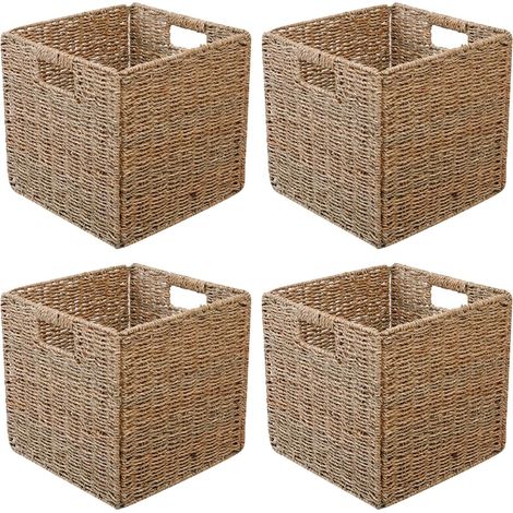 Lot de 4 paniers de rangement tressés pliables en osier pour le rangement - 28 x 28 x 28 cm - Panier de rangement stable avec poignées de transport pour étagères, garde-manger, salle de (1/5)