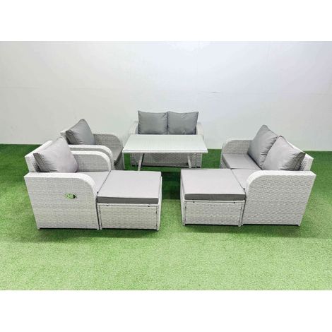 Fimous 8 Seater Rattan Garden Furniture Set Outdoor Love Sofa Set with Rectangular Dining Table 2 Big Footstools Light Grey (1/4)