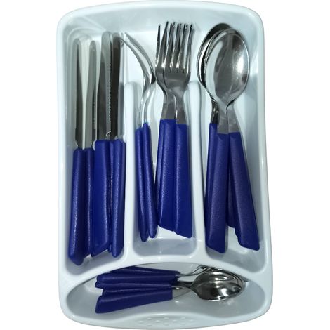 Servizio di Posate completo 24 Pezzi per tavola di 6 persone manico blu in Acciaio Inossidabile Lavabili in Lavastoviglie Made in Italy in omaggio il Porta Posate da Cassetto