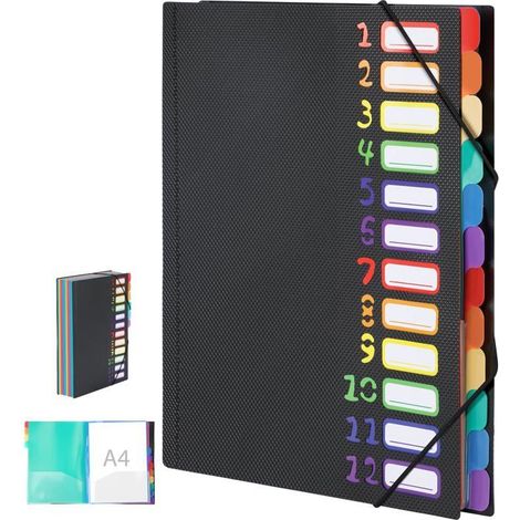 BelleRise - Classeur à soufflets format A4 avec 12 compartiments, extérieur noir et onglets aux couleurs de l'arc-en-ciel. (1/5)