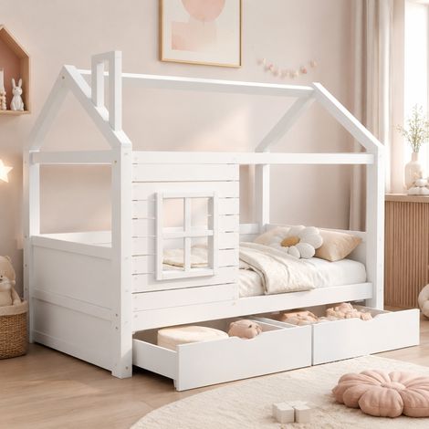 DESMIU Lit Enfant 1 Place avec 2 Tiroirs, Barrières et Fenêtres 90 × 200 cm, Sans Matelas, en Pin Massif, Blanc (1/4)