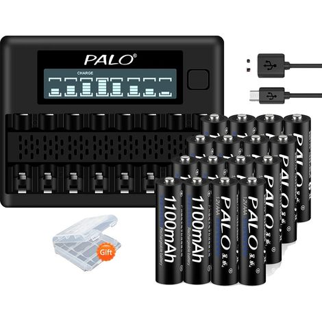 Batería recargable AAA, capacidad de 1100 mAh, cargador inteligente incluido, 16 baterías, 1 cargador. (1/2)