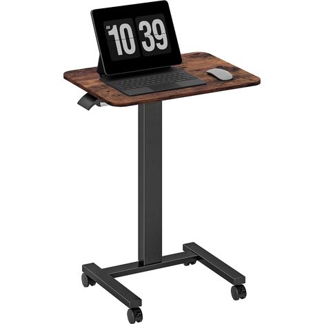 Table informatique mobile à manivelle 65 x 48 cm en bois rustique, bureau réglable en hauteur sur roulettes (1/5)