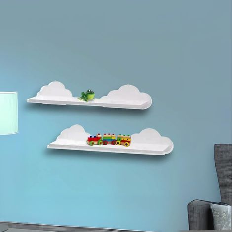 Étagère murale en bois blanc, idéale pour les chambres, les salles de bains et les chambres d'enfants - Étagère de rangement suspendue (2 nuages) (1/5)