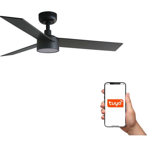 Faro Rudder Ventilateur de plafond encastré Rudder Smart LED 106 cm, noir mat, pales en noyer, 3 pales réversibles (1/4)