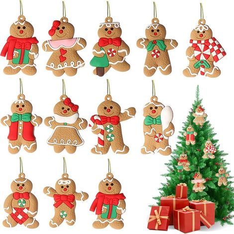 Juego de 12 adornos colgantes para árbol de Navidad, colgantes con forma de hombre de jengibre para decoración de fiestas, accesorios para manualidades (11 estilos de diseño). (1/5)