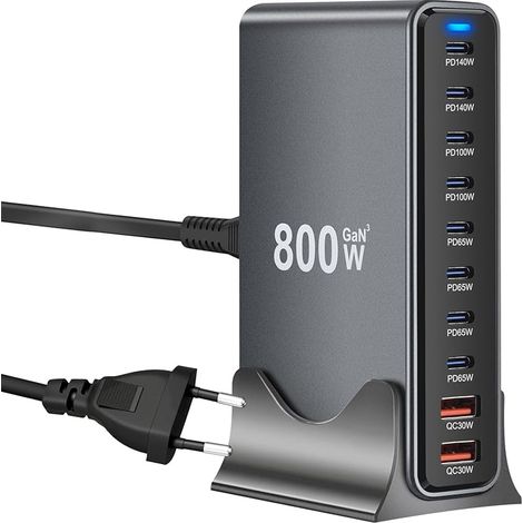 800W Station de Charge - Chargeur Rapide à 10 Ports avec 8 Ports USB C + 2 Ports USB A, Caricatore USB Multiplo Compatible avec MacBook, iPad, iPhone séries 16/15/14, Galaxy S22/ S20, Dell, HP (1/5)