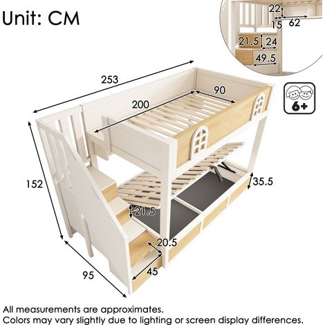 Lit superposé enfant 90×200 cm blanc/naturel,escalier avec placard,rampe sécurité,cadre à lattes,gain de place pour deux enfants,sans matelas