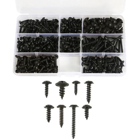 Vis autotaraudeuses, lot de 340 pièces, M3 M3,5 M4 M4,8, acier au carbone noir, livrées avec boîte de rangement compartimentée (1/5)
