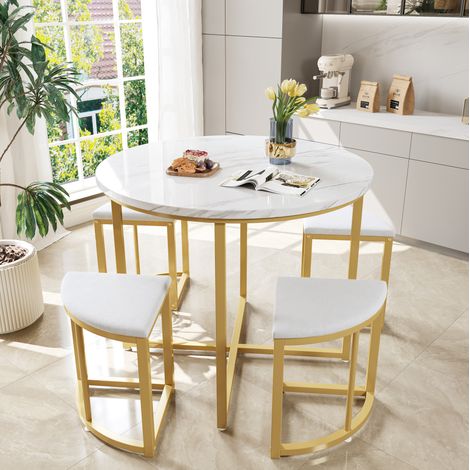 Tisch- und Stuhlset 80 cm, 1 Tisch 4 Stühle, MDF und Metall, weiß und gold HAVRYA (1/5)