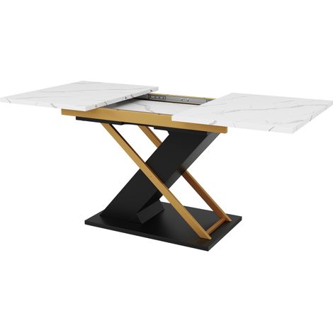 Mesa de comedor extensible 120-160 x 80 cm de MDF con efecto mármol y patas cruzadas doradas HOMVRA (1/5)
