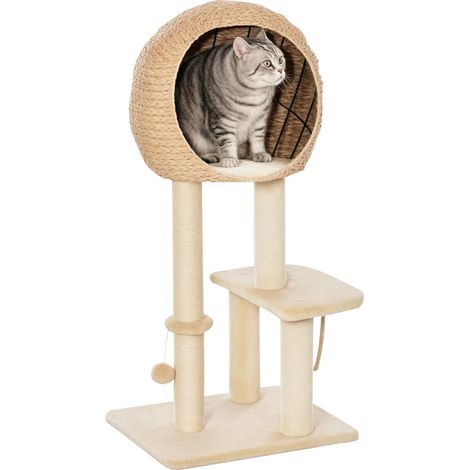 PawHut Kratzbaum 100 cm Katzenturm mit Höhle, Spielball, Sisalstämme, Plattform, mehrstöckiger Katzenkratzbaum, Kletterbaum, für mittelgroße Katzen, Beige (1/5)