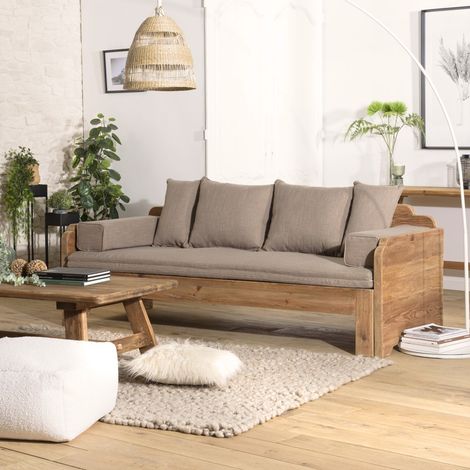 Macabane – Canapé-lit convertible 3 places en pin recyclé – Dimensions 210 x 90 x 75 cm – 2 couchages – 6 coussins taupe inclus (1/5)