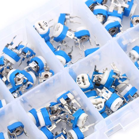 Assortiment de 100 potentiomètres à film variable (10 valeurs) de 500 ohms à 1 MΩ (1/5)
