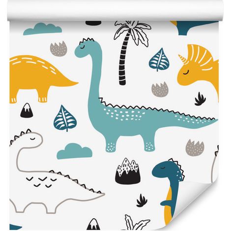 Carta da parati con dinosauri, foglie e montagne per soggiorno e camera da letto, 50x1000 cm (1/5)