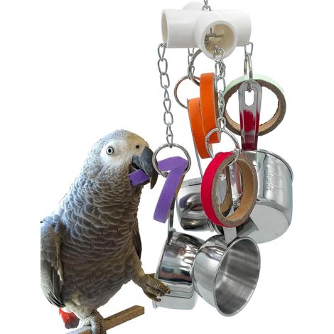 Robuste Vogelspielzeuge wie Töpfchen und Bagel-Formen, herausziehbare Edelstahlbecher und Pappringe für Amazonen, Zwergaras, Graupapageien, Kakadus und Edelpapageien