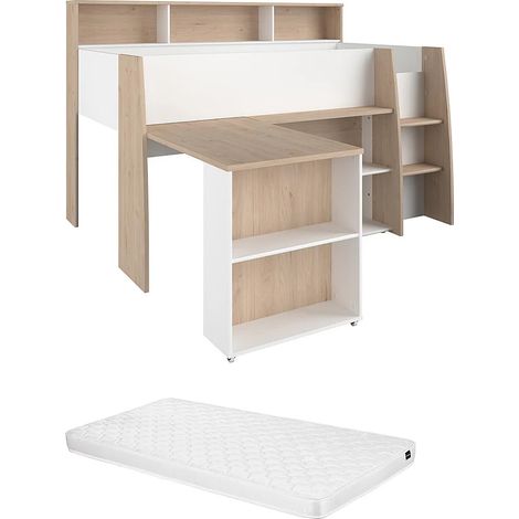 Letto combinato 90 x 200 cm con scrivania e scomparti Bianco e Naturale + Materasso - APOLINO (1/5)