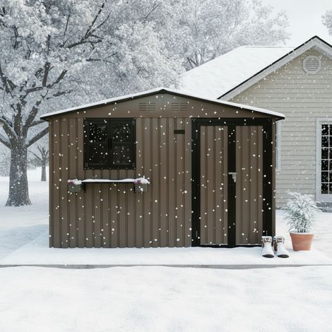 Abri de jardin métal galvanisé 295x243 cm - Portes doubles verrouillables fenêtres avec barres à fleurs - Brun et noir (1/5)