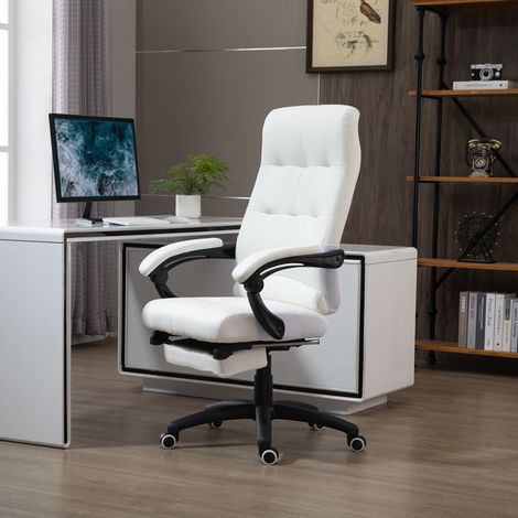 Silla de Oficina Giratoria Silla de Escritorio Reclinable Silla de Estudio Tapizada de PU con Altura Ajustable Reposabrazos Reposapiés 65x65x118-125 cm Blanco (1/5)