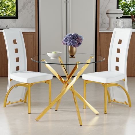 Set tavolo da pranzo e 2 sedie, vetro temperato Ø 88 cm, bianco e oro DESVIAE (1/5)