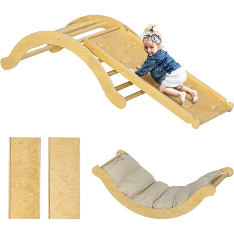 Ensemble d'escalade 4-en-1 en bois pour intérieur : arche-pont, bascule-balançoire, coussin et rampe de glisse pour enfants