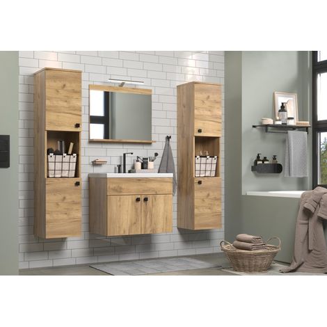 Ensemble de Meubles de Salle de Bain - Chêne - (l x H x P) 142 x 133 x 40 cm - Meuble lavabo Suspendu avec lavabo en céramique - 2 armoires Hautes et 1 Miroir (1/5)