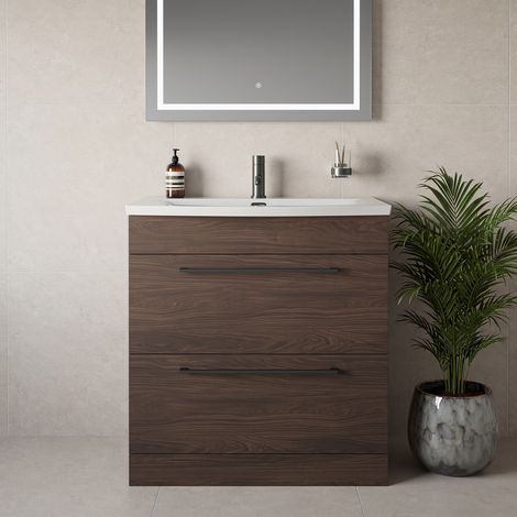 Napoli 390 Brown Oak 800mm 2 Drawer Vanity Unit with Arc Basin - 800mm - Gunmetal Grey 480mm Handle