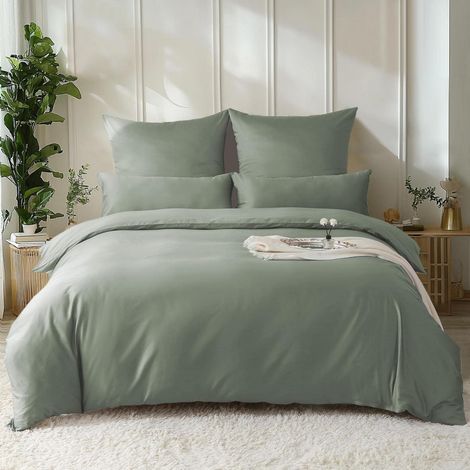 Ensemble de literie Satin 220x240 Coton Rafraîchissant Gris Sage 3 pièces