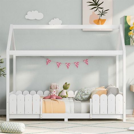 Lit maison enfant 90 x 200 cm blanc en pin + MDF avec barrière anti-chute et sommier à lattes (sans matelas)