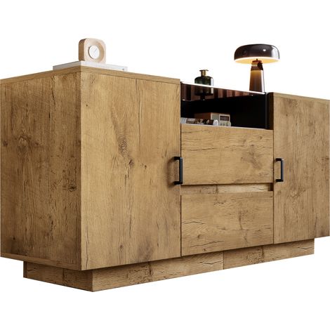 Commode sideboard 2 tiroirs 2 portes avec niche ouverte, étagères réglables, verre teinté brun et poignées noires, 140 x 40 x 70 cm - CHICFURN (1/5)