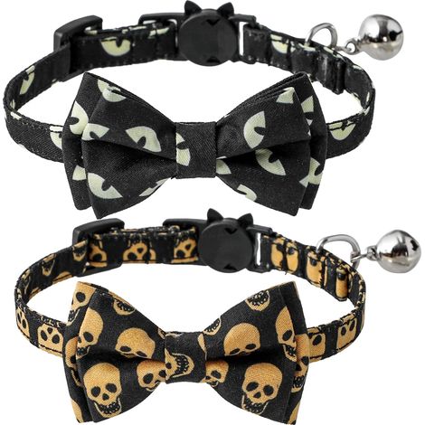 Collier Chat Halloween - Collier Sécurité Détachable avec Nœud Papillon et Clochette - Ajustable 15 à 28 cm - 2 Pièces (1/5)