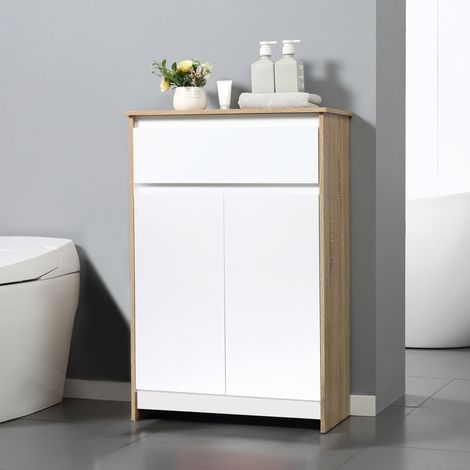 Mueble de baño multiusos, con armario y cajón, ahorra espacio, color madera y blanco, 60x30x90cm (1/5)