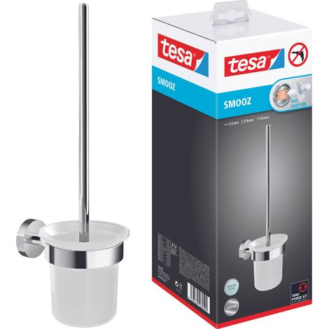 tesa SMOOZ WC-Garnitur, satiniertes Glas und verchromter Edelstahl - Toilettenbürsten-Set zur Wandbefestigung ohne Bohren, inkl. Klebelösung - 137 mm x 97 mm x 410 mm (1/5)