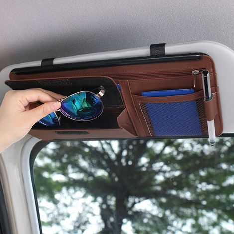 Pochette de rangement en cuir, idéale pour les cartes, le permis de conduire, les stylos, les lunettes, les documents, compatible avec la plupart des voitures, SUV et camions (noir). (1/4)