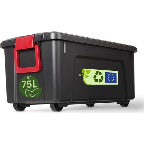 Malle, Boîte de rangement plastique, avec Couvercle et Clips de fermeture, 75L, A l'unité, Empilable, Roues, Sans BPA, Grenier, Cabanon, Garage, SIA-75, Noir (1/5)