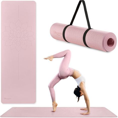 Tappetino da Yoga Fitness TPE 6mm Allineamento Cinghia Trasporto Dim 183x61cm Rosa (1/5)