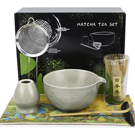 Matcha-Set – 7-teiliges Komplettset: Bambusbesen, Schale, Teelöffel, Besenhalter, Geschirrtuch, Teelöffelhalter – Ideal für Zuhause, Büro und als Geschenk (Grün)