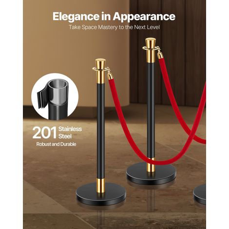 Poteau de guidage, 6 pcs, barrière de balisage pour contrôle de foules, avec base creuse, 4 cordes velours rouge et poteaux noirs en acier inoxydable, pour théâtre, mariage, fournitures de fête (1/5)
