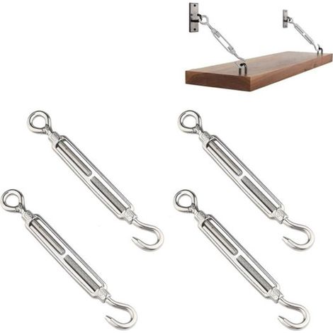 Set di 4 clip a vite con gancio e occhiello regolabili in acciaio inox 304 M4 da 11 x 1 cm con tenditori - Argento (1/5)