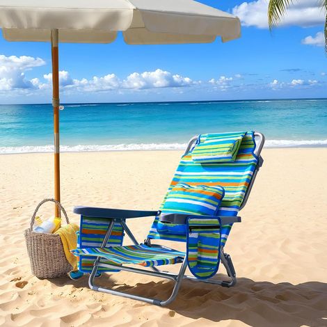 Folding Backpack Beach Chair Portable Outdoor Sun Lounger for Camping Picnics Fishing 5 Position Adjustable Recliner, Green (1/5)