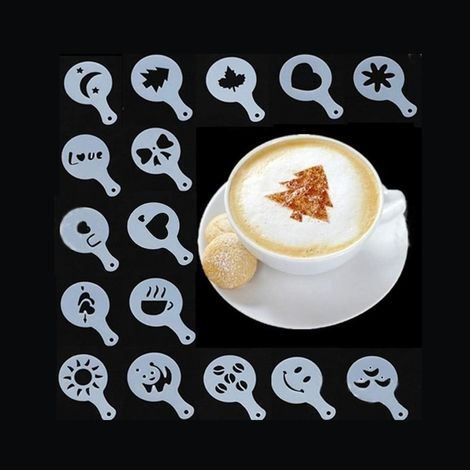 Pochoirs décoration café lot 16 motifs variés, gabarits plastique pour latte art cappuccino saupoudrage cacao cannelle maison barista (1/4)