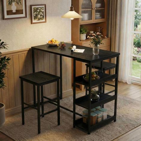 Bartisch Set 3-teilig mit 2 Hockern und Aufbewahrung, schwarz (1/5)